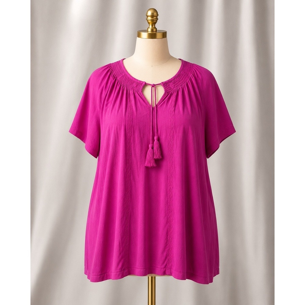Lauren Ralph Lauren Boho Popover Top 2X Fuchsia Pink‎ Tassel Smocked Peasant